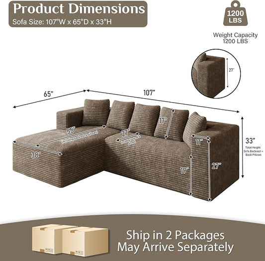 Oversized L Shaped Boneless Sectional Couches for Living Room, 107" Comfy Fluffy Cloud Modular Sectional Sofa, Plush Corduroy Memory Foam Floor Sofa with Left Facing Chaise Couch