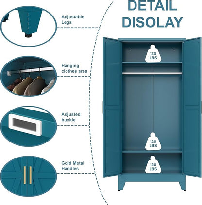 Metal armoire Wardrobe Closet with Hanging Rod,71'' Metal Wardrobe Cabinet with 2 Doors and 2 Adjustable Shelves, Bedroom armoires,Laundry Room cabinets,armario de ropa Closet