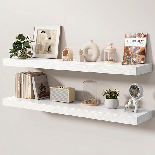 Floating Shelves for Wall, 48 Inch x 8 Inch Deep Wall Mounted Wood Shelf with Invisible Brackets for Storage & Display, Living Room Bedroom Kitchen, White, Set of 2