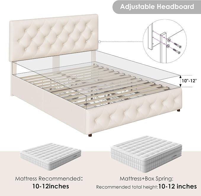 Keyluv Queen Size Upholstered Platform Bed Frame with 4 Storage Drawers, Modern Beige Fabric Bed with Adjustable Button Tufted Headboard, Solid Wooden Slat Support, Easy Assembly
