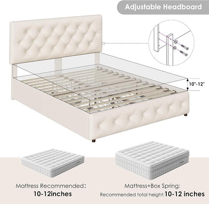 Keyluv Queen Size Upholstered Platform Bed Frame with 4 Storage Drawers, Modern Beige Fabric Bed with Adjustable Button Tufted Headboard, Solid Wooden Slat Support, Easy Assembly