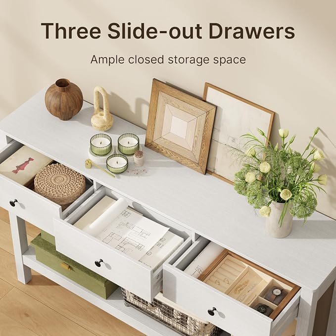 Gizoon Sofa Table with Drawers, Modern Accent Console Table with Open Shelf, Large Storage Space, for Living Room, Front Hall, Entrance Hall, Study Room, White