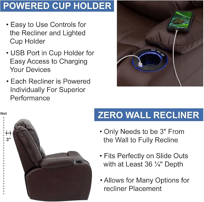 RecPro Charles RV Double Recliner Sofa | 70" | Mahogany