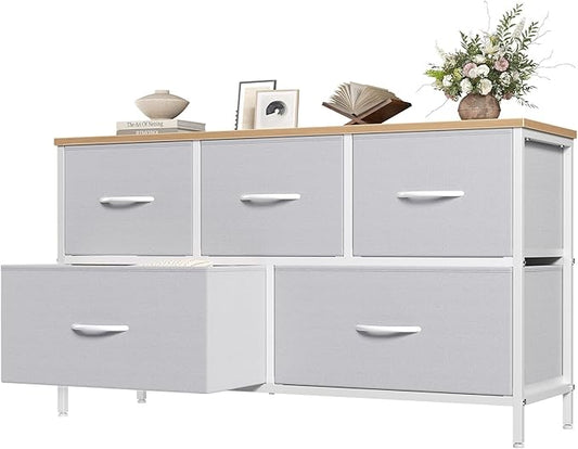 OLIXIS 5 Drawer Dresser for Bedroom, Storage Organizer Unit for Closet | Chest of Drawers for Clothes Storage with Bins, Wide Fabric Bedroom Dresser, Wooden Top, Living Room, Light Grey