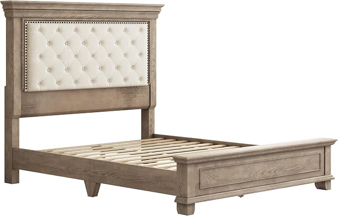 LUXOAK Solid Pine Wood Queen Bed Frame with 69" High Upholstered Headboard, Transitional Style Platform Bed, No Box Spring Needed & Easy Assembly, Button-Tufted Chenille Fabric, Antique Taupe