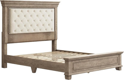 LUXOAK Solid Pine Wood Queen Bed Frame with 69" High Upholstered Headboard, Transitional Style Platform Bed, No Box Spring Needed & Easy Assembly, Button-Tufted Chenille Fabric, Antique Taupe