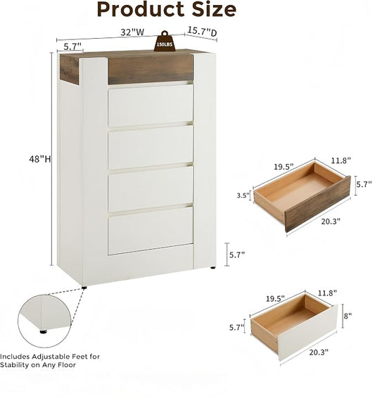 OKD 5 Drawer Dresser for Bedroom, 48" Tall Dresser Chest of Drawers with Thick Wood Design, Handleless, Modern Bedroom Dresser, Storage Organizer for Living Room/Entryway, Antique White