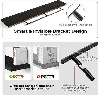 Fun Memories 66 Inch Fireplace Mantel Shelf with Invisible Bracket, 8 Inch Deep Floating Shelf for Living Room, Kitchen, Farmhouse, Black