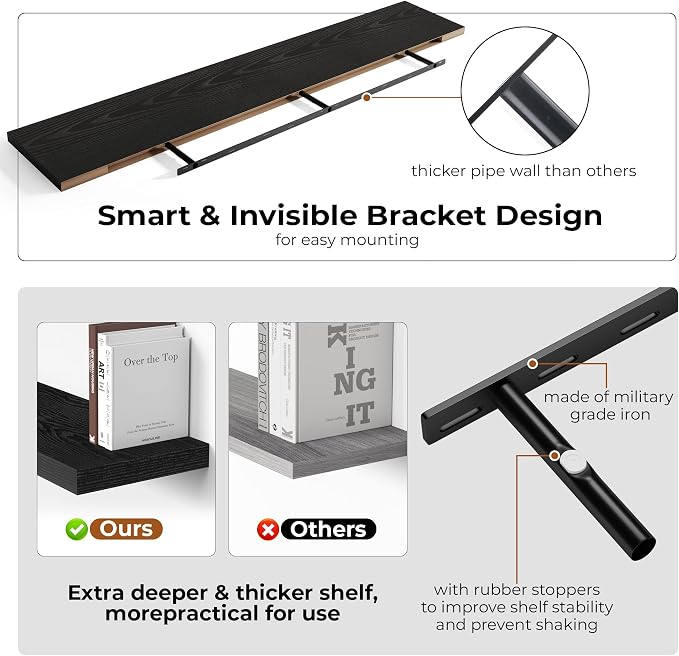 Fun Memories 66 Inch Fireplace Mantel Shelf with Invisible Bracket, 8 Inch Deep Floating Shelf for Living Room, Kitchen, Farmhouse, Black (2-Pack)