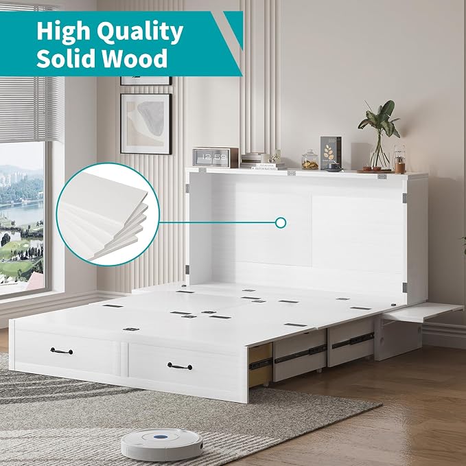 BALUS Queen Murphy Bed with Mattress, Cabinet Bed with Mattress & USB Charging Ports & Storage Drawers, Space-Saving Chest Murphy Beds, Hidden Cabinet Beds for Bedroom, Office - White