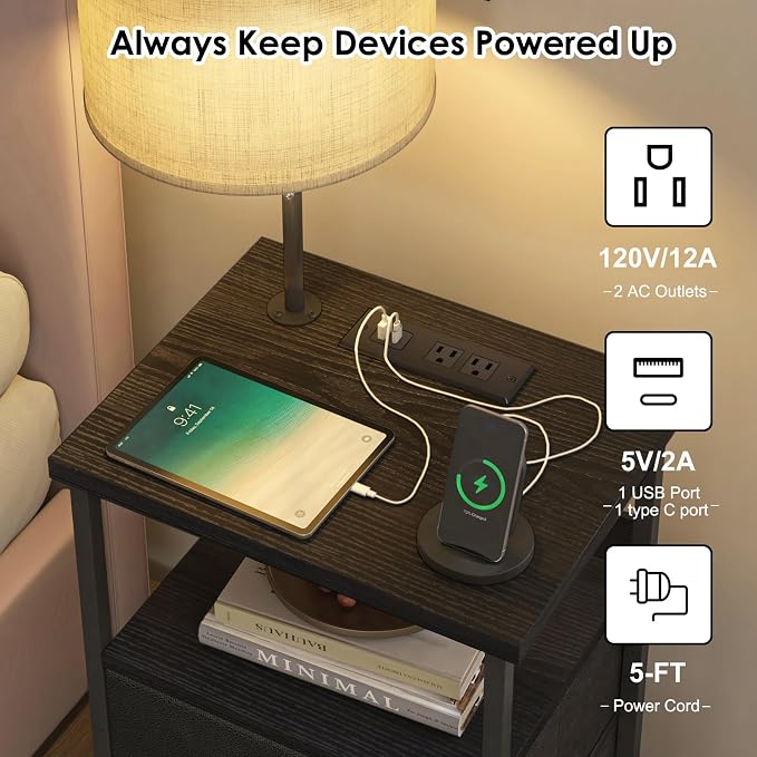 Fixwal Bedside Table with 3 Color Temperature Reading Light, Nightstand with LED Light & Charging Station End Table with Adjustable Fabric Drawer for Bedroom, Dorm, Black