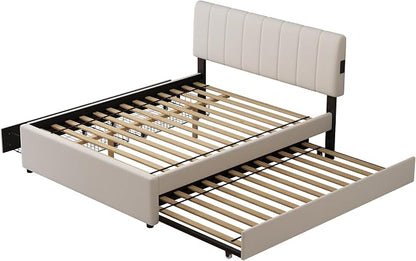 Full Size Upholstered Platform Bed w/Trundle Bed & 2 Storage Drawers | Twin Size Trundle,Two Drawers,LED Lighting Controlled by APP, USB+Type-C Charging Ports, Chenille Upholstered Bed Frame,Beige