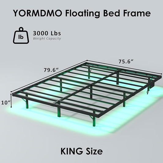 YORMDMO Floating Bed Frame King Size, Heavy Duty Bedframe with Smart LED Lights & Charging Station, Modern Metal Platform Bed, Easy Assembly No Box Spring Needed, 10 Inch