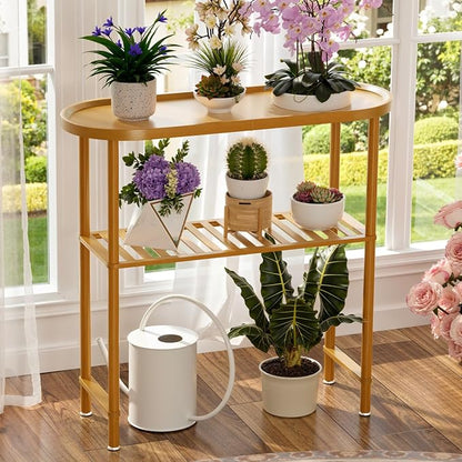 Small Entryway Table Bamboo, Narrow Hallway Table 2-tier, Slim Console Table with Anti-fall Edge, Sofa Side Table 5min Assembly, Small TV Stand, Plant Stand, Walnut, 30.7"L x 11.8"W x 29.7"H