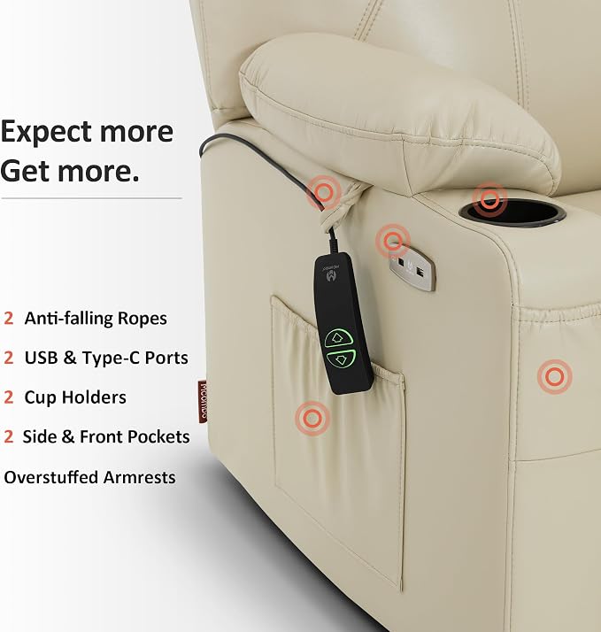 MCombo Extra Wide Power Lift Recliner Chair for Elderly, Lift Chair with Heat and Massage for Big People, USB&Type C Ports, Cup Holders, Faux Leather R7045 (Cream White, Medium-Wide)