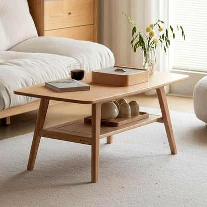 100% Solid Wood Coffee Table for Living Room, 39.37" Mid Century Modern Small Tables with Shelf Storage, 2-Tier Coffee Table with Rounded Corners (Oak Wood Log Color, 39.37" L)