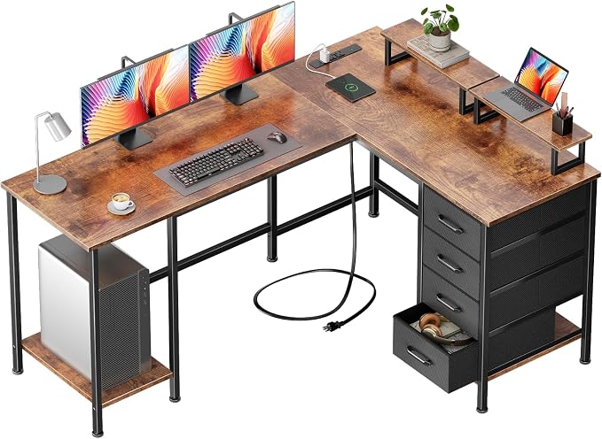 Korfile 59 inch L Shaped Computer Desk with Power Outlets, Home Office Desk with 4 Adjustable Storage Drawers & 2 Monitor Stands, Two Person Gaming Table for Bedroom, Rustic Brown