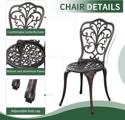 3 Piece Patio Set Outdoor Bistro Set,Cast Aluminum Bistro Table and Chairs Set of 2 with Umbrella Hole,All Weather Patio Bistro Sets for Front Porch Set Garden,Backyard(Brown)