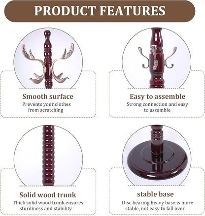 Wooden Coat Rack Free Standing 20 Metal Hooks, Vintage Coat Rack Stand for Entryway, Adjustable Height 73", Heavy Duty Coat Tree with Solid Round Base for Home Bedroom, Office(Walnut-m)