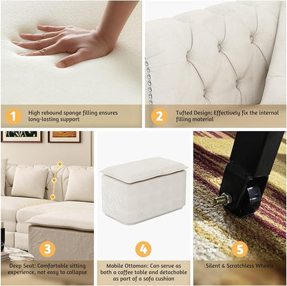 89" Velvet Pull Out Couch Bed - 3-in-1 Convertible Sleeper Sofa with Ottoman, Button Tufted Chesterfield Sofa, King Size Pull Out Sofa Bed, Space Saving for Small Spaces Apartments, Living Room,Beige | 3-in-1 Convertible