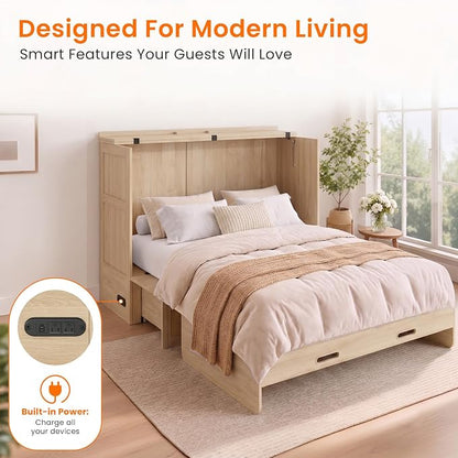 CECER Queen Murphy Bed with Mattress for Guest/Small Space-Natural Wood | Built-in Multi-Port Charging Station ＆ Large Storage Drawer，Space Saving ＆ Easy Assemble and Conversion