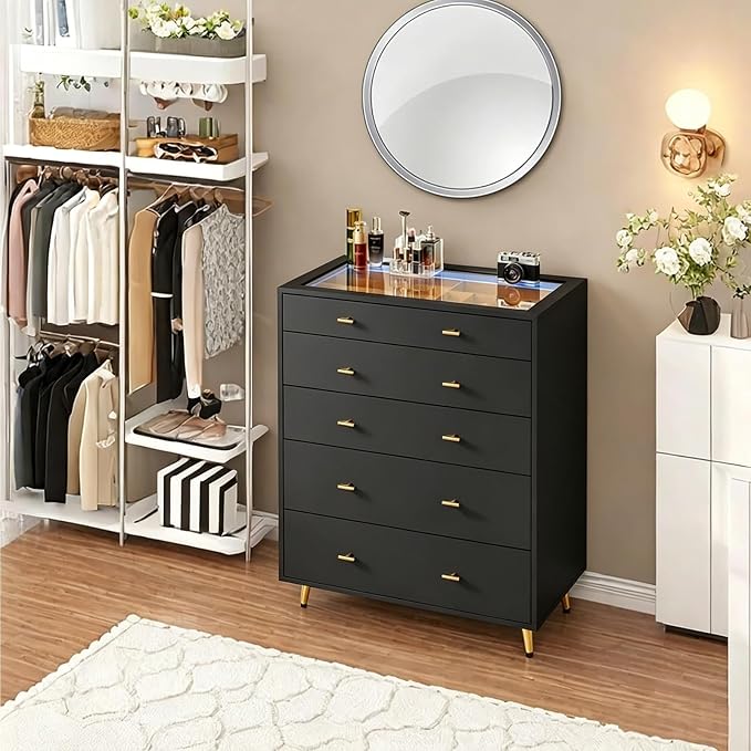 Closet Island with LED Lights, 38" H Tall Tempered Glass Top Dresser, Modern Wood Wardrobe Closet Island for Bedroom, Living Room, Black