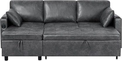 84 inches Suede Leather Sleeper Sofa w/Pull Out Bed, L-Shape Sectional Sofa Bed w/Adjustable Backrest and Storage Chaise, 3-Seats Upholstered Sofa Bed w/USB Port for Living Room, Grey