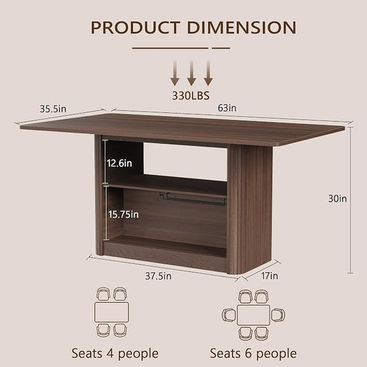 FUQARHY 63" Dining Table with Storage, Farmhouse Rectangular Kitchen Table