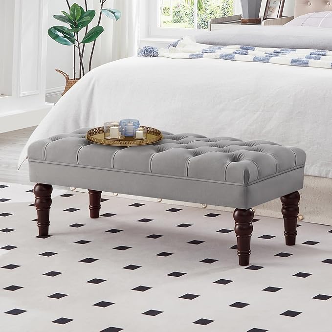 24KF Velvet Upholstered Buttons Tufted Entryway Bench with Solid Wood Leg,Bed Bench Ottoman with Padded Seat,5061N-Gray