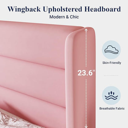 Allewie Queen Size Platform Bed Frame with Velvet Upholstered Wingback Headboard, No Box Spring Needed, Under Bed Storage Space, Strong Wooden Slats, Modern Mattress Foundation, Easy Assembly, Pink