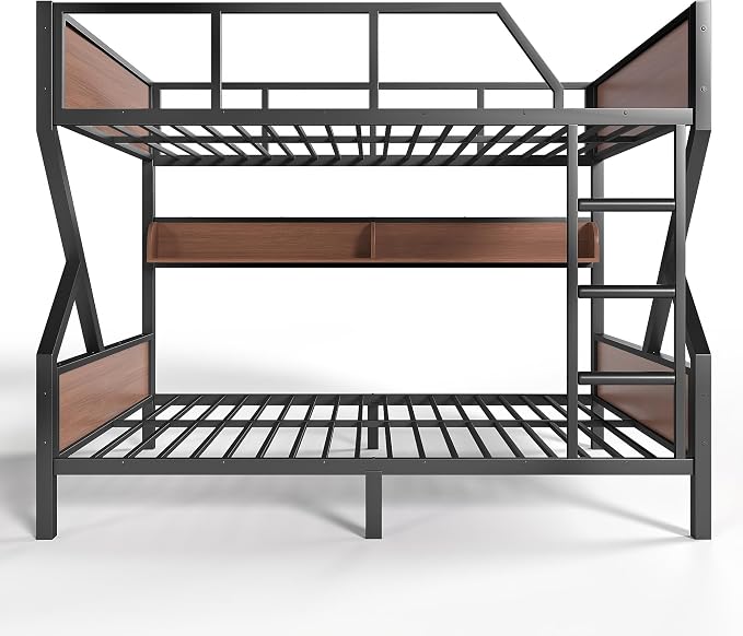Bellemave Bunk Bed Full Over Full with LED, Heavy Duty Metal Bunk BedFrame with Storage Shelves and Lights, Woodgrain+Black