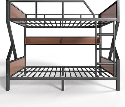 Bellemave Bunk Bed Full Over Full with LED, Heavy Duty Metal Bunk BedFrame with Storage Shelves and Lights, Woodgrain+Black