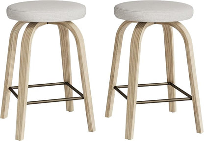 Bar Stools Set of 2, Counter Height Backless Bar Stools, 26" Swivel Barstools Kitchen Chair with Upholstered Fabric Seat, Beige