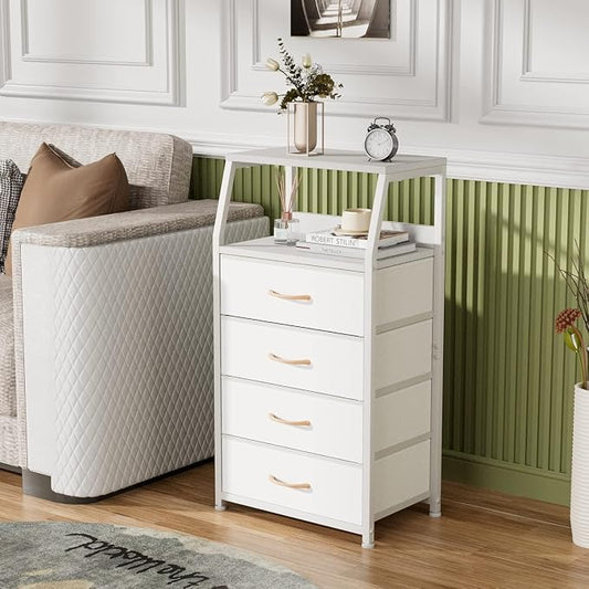 Furnulem Tall 4 Drawers Dresser, Vertical Storage Tower for Bedroom, Hallway, Entryway, Nursery, Closet Organizer, Nightstand Bedside Table Furniture, Sturdy Steel Frame, Wood Top, White
