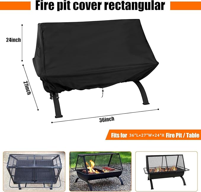Fire Pit Cover Rectangular 36 Inch 600D,Cover for Rectangular Fire Pit with Grill ,Outdoor Waterproof Firepit Cover - 36 X 27 X 24 Inch