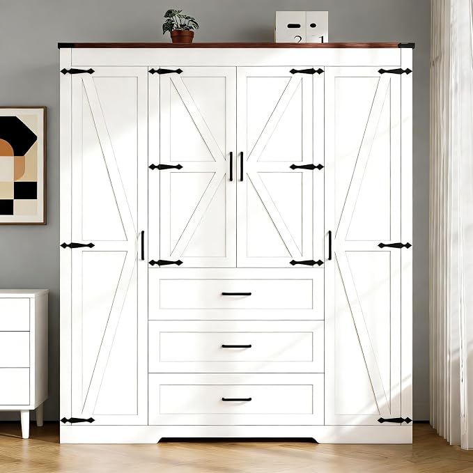 4 Doors Wardrobe Armoire Closet with Drawers, Farmhouse Wooden Armoire Storage Cabinet with Adjustable Shelves & Hanging Rod, 70" Freestanding Clothing Storage Cabinet for Bedroom, White