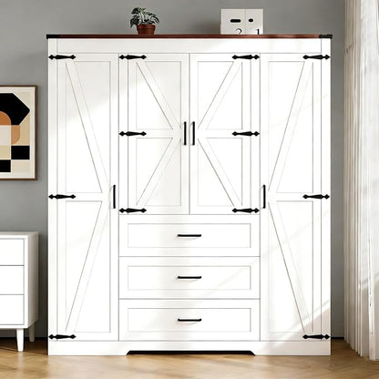 4 Doors Wardrobe Armoire Closet with Drawers, Farmhouse Wooden Armoire Storage Cabinet with Adjustable Shelves & Hanging Rod, 70" Freestanding Clothing Storage Cabinet for Bedroom, White