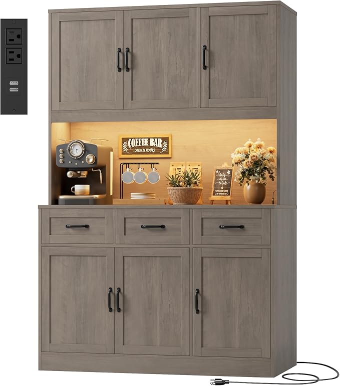 HOSTACK 72" Tall Kitchen Pantry Cabinet with Charing Station | LED Lights, 47" W Kitchen Pantry Storage Cabinet with Countertop, Modern Kitchens Hutch Cabinets with Storage for Dining Room, Ash Gray