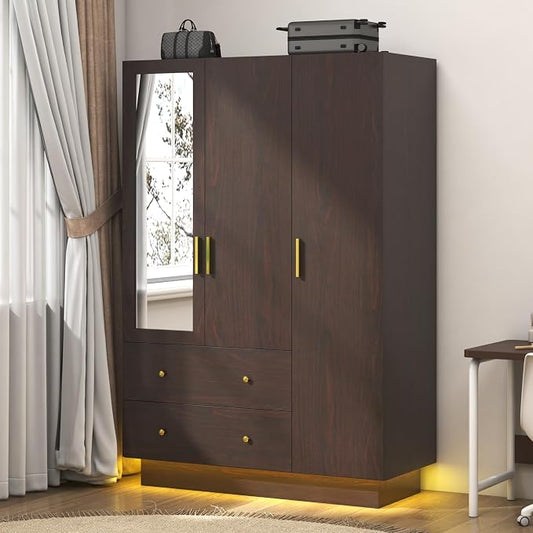 jiteentarou 3 Door Wardrobe Closet with Mirror & LED Lights, Bedroom Armoire with Drawers & Shelves, Farmhouse Wooden Armoire Wardrobe Closet with Hanging Rod for Bedroom, Brown