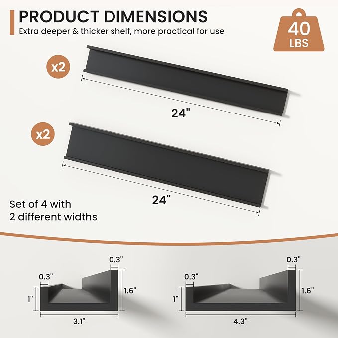 Fun Memories Picture Ledge Shelves Set of 4, 24 Inch Rustic Wall Mounted Floating Shelves with Lip for Home Storage and Décor in Bathroom, Kitchen, Nursery, Bedroom, Living Room, Black
