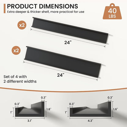 Fun Memories Picture Ledge Shelves Set of 4, 24 Inch Rustic Wall Mounted Floating Shelves with Lip for Home Storage and Décor in Bathroom, Kitchen, Nursery, Bedroom, Living Room, Black