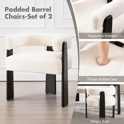 Hyfirm Modern Boho Dining Chairs Set of 2, White Boucle Upholstered Barrel Armchairs with Plush Teddy Fabric, Solid Black Wooden Legs, Mid-Century Accent Chairs for Dining Room, Living Room, Kitchen