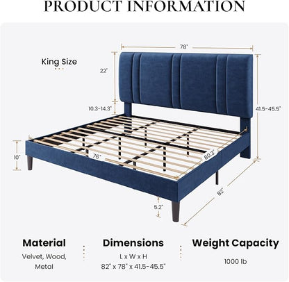 SHA CERLIN King Size Platform Bed Frame, Velvet Upholstered Bed with Adjustable Headboard, Vertical Channel Tufted Design, Sturdy Wood Slat Support, No Box Spring Needed, Easy Assembly, Dark Blue