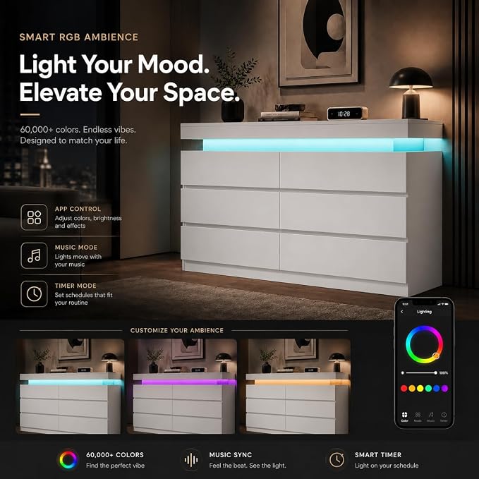6 Drawer Dresser with LED Lights & Charging Station, Modern Floating White Dresser for Bedroom, Smart Storage Chest with 2 AC Outlets & USB Ports for Living Room, Closet, Entryway