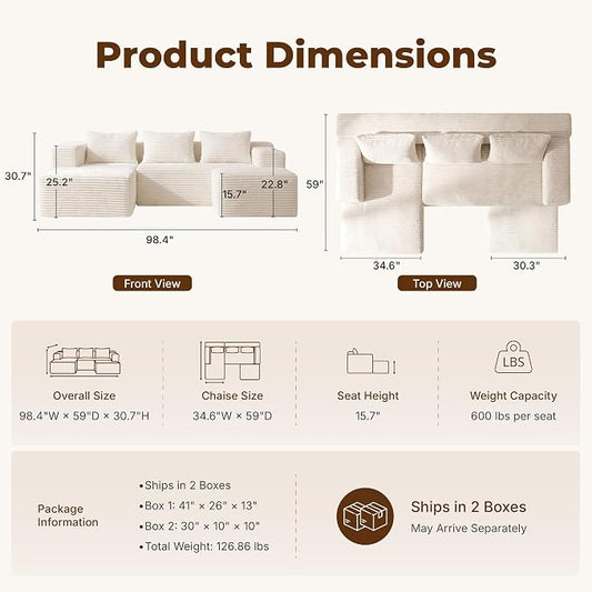 Modular Sectional U-Shaped Sofa with Deep Seat, Modern Boneless Comfy Corduroy Fluffy Couch with Side Pockets and Anti-Slip & Floor-Friendly Bottom for Living Room, No Assembly, White