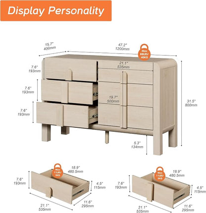 WAMPAT Beige Dresser for Bedroom, 47.2" W 6 Drawers Mid Century Modern Chest of Drawers, Wooden Dressers TV Stand with Curved Profile Design, Storage Organizer for Bedroom, Closet, Hallway