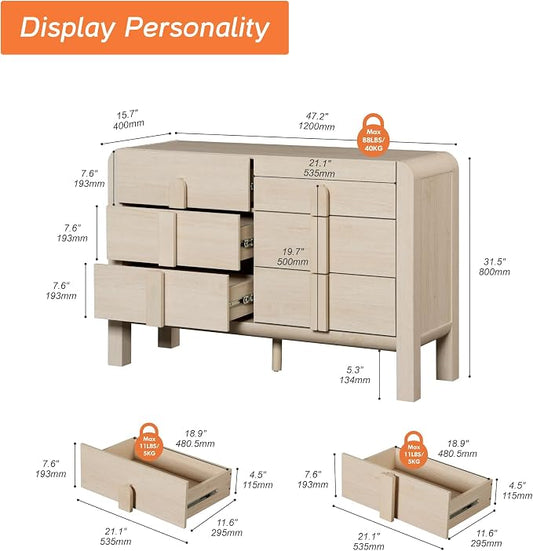 WAMPAT Beige Dresser for Bedroom, 47.2" W 6 Drawers Mid Century Modern Chest of Drawers, Wooden Dressers TV Stand with Curved Profile Design, Storage Organizer for Bedroom, Closet, Hallway