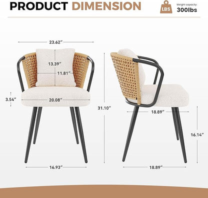 Rattan Dining Chairs Set of 4, Modern Upholstered Kitchen Chair with Metal Legs, Ergonomic Curved Backrest, Mid Century Living Room Chairs with Throw Pillow, Natural