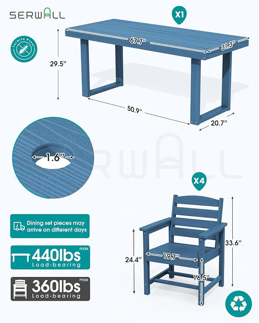 SERWALL HDPE Outdoor Dining Set for 4, 67'' Patio Table and Chairs Set | with Armchair Seat
