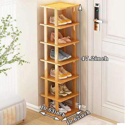 Bamboo Shoe Rack - Vertical Shoe Rack for Small Spaces, Tall Narrow Shoe Rack Organizer for Closet Entryway Corner Garage and Bedroom,Skinny Shoe Shelf Free Stackable DIY - Space Saving Storage